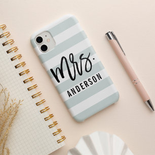 Pastel Mint Stripe New Mrs Last Name Bride iPhone 13 Hoesje