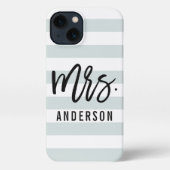 Pastel Mint Stripe New Mrs Last Name Bride iPhone Hoesje (Achterkant)
