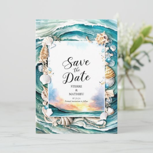 Pastel Modern Beach Bruiloft Save The Date (Staand voorkant)