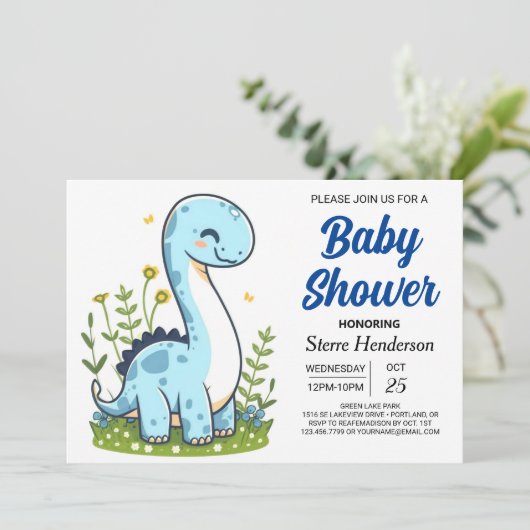 Pastel Modern Online Dinosaur Boy Baby shower Kaart (Staand voorkant)