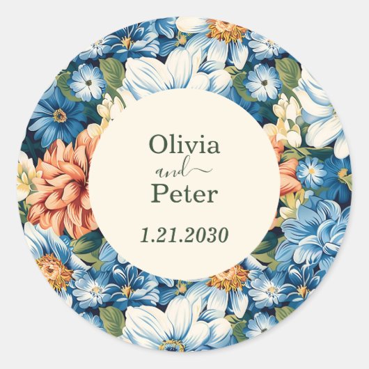 Pastel Moderne Bloemige Bruiloft Ronde Sticker (Voorkant)