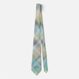 Pastel Monogram Groen Blauwgroen Geel Grijs Plaid Stropdas