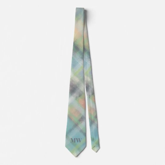 Pastel Monogram Groen Blauwgroen Geel Grijs Plaid  Stropdas (Voorkant)