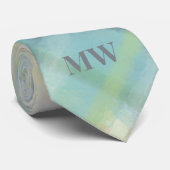 Pastel Monogram Groen Blauwgroen Geel Grijs Plaid  Stropdas (Opgerold)