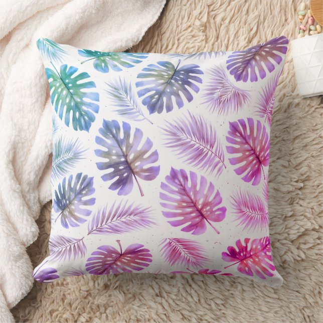 Pastel Monstera en palmenbladeren waterverf Kussen (Deken)