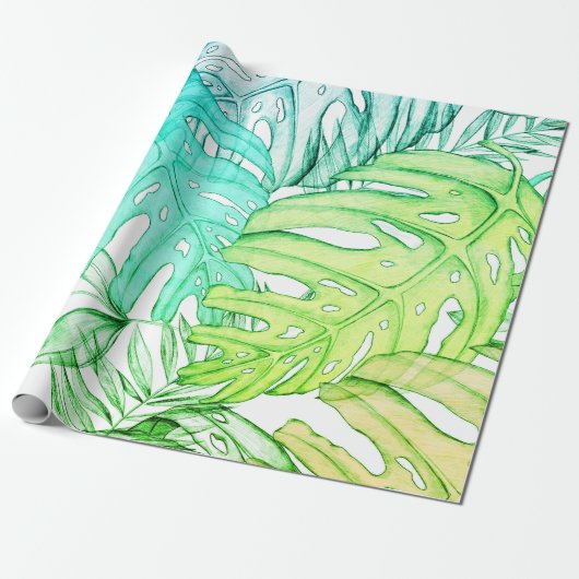 Pastel monstera palm leaf tropische waterverf cadeaupapier (Uitgerold)