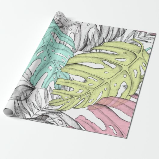 Pastel monstera palm leaf tropische waterverf cadeaupapier (Uitgerold)