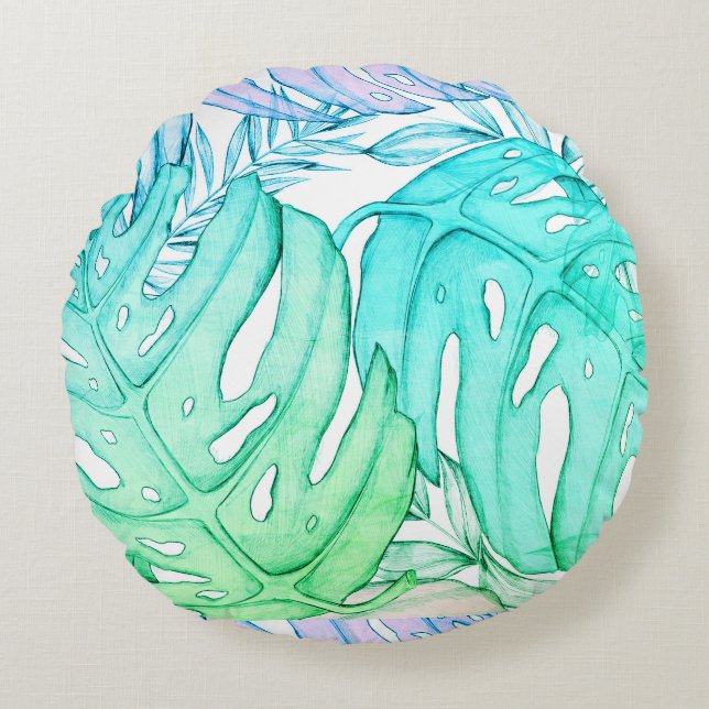 Pastel monstera palm leaf tropische waterverf rond kussen (Voorkant)