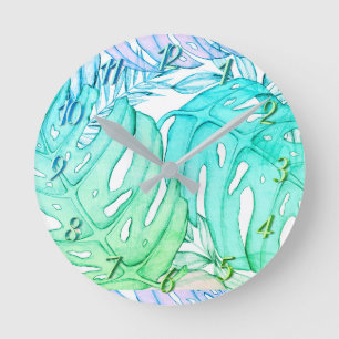 Pastel monstera palm leaf tropische waterverf ronde klok
