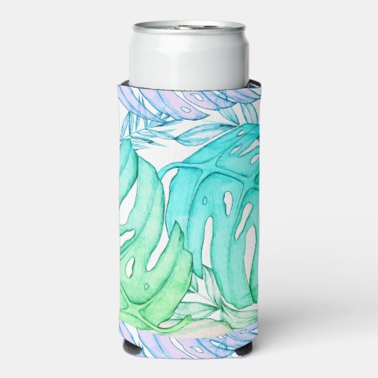 Pastel monstera palm leaf tropische waterverf seltzer blikjeskoeler (Seltzer Voorkant)