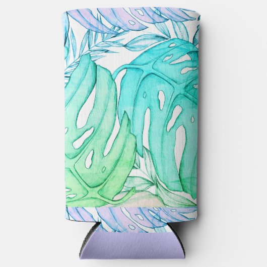 Pastel monstera palm leaf tropische waterverf seltzer blikjeskoeler (Voorkant)