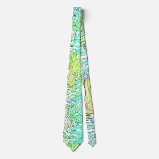 Pastel monstera palm leaf tropische waterverf stropdas (Voorkant)
