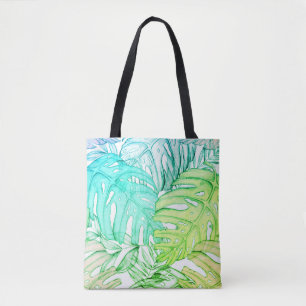 Pastel monstera palm leaf tropische waterverf tote bag