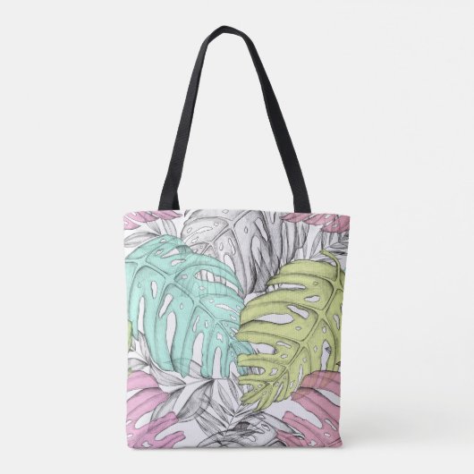 Pastel monstera palm leaf tropische waterverf tote bag (Achterkant)