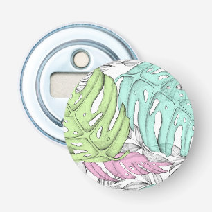 Pastel monstera palmblad tropische waterverf button flesopener