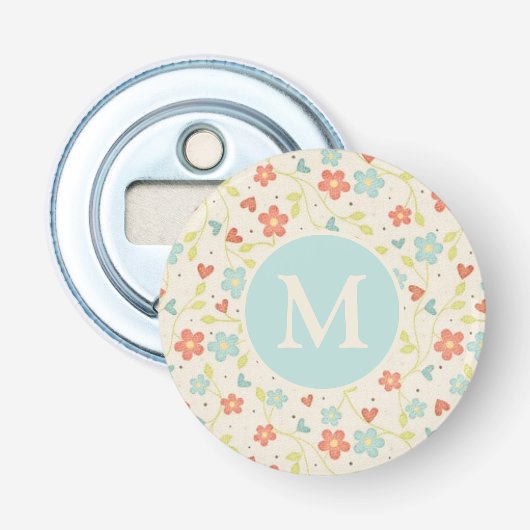 Pastel Mooie Lente Bloem Motief Monogram Button Flesopener (Voorkant)