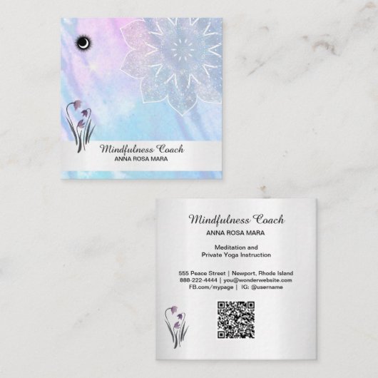*~* Pastel Moon QR code Mandala Folie Floral Squar Vierkante Visitekaartje (Voorkant / Achterkant)
