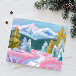 Pastel Mountain Range Winter Scene | Lijnen verven Feestdagenkaart
