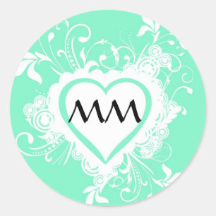 Pastel munt groen monogram hart ronde sticker