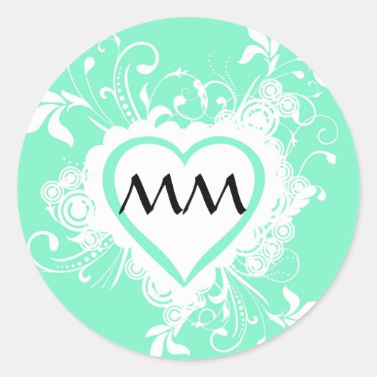 Pastel munt groen monogram hart ronde sticker (Voorkant)