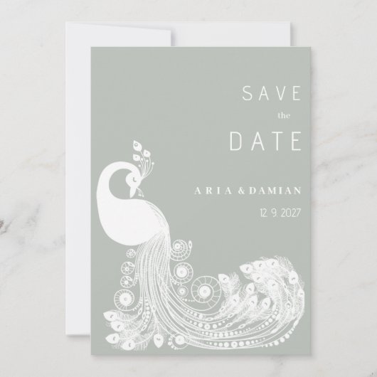 Pastel munt wit koninklijke pauw chic Save the Dat Kaart (Voorkant)