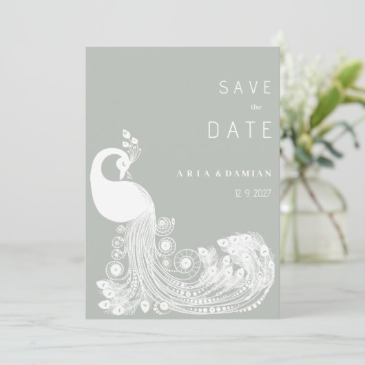 Pastel munt wit koninklijke pauw chic Save the Dat Kaart (Staand voorkant)