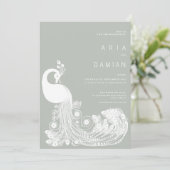 Pastel munt wit koninklijke pauw elegante bruiloft kaart (Staand voorkant)