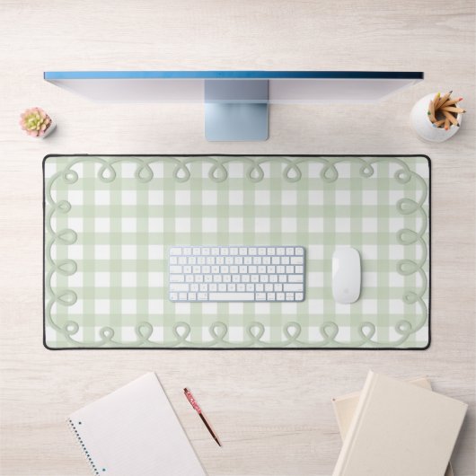Pastel Muntgroene Geschulpte Gingham Golflijn Rand Bureaumat (Kantoor 1)