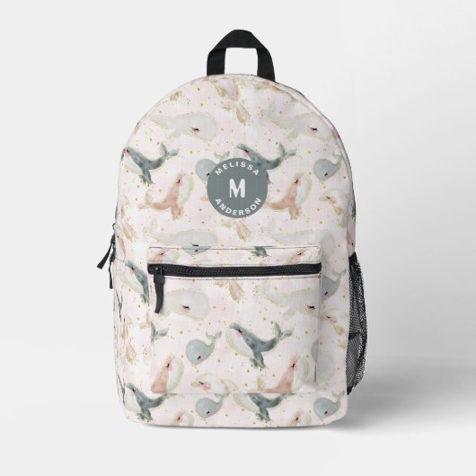Pastel Mystieke Walvissen Monogram Bedrukte Rugzak (Voorkant)
