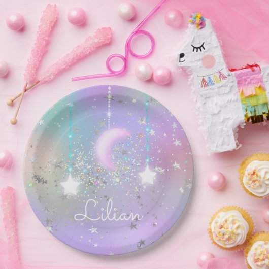 Pastel nachtelijke hemel gloeiende maan sterren gl papieren bordje (Feest)