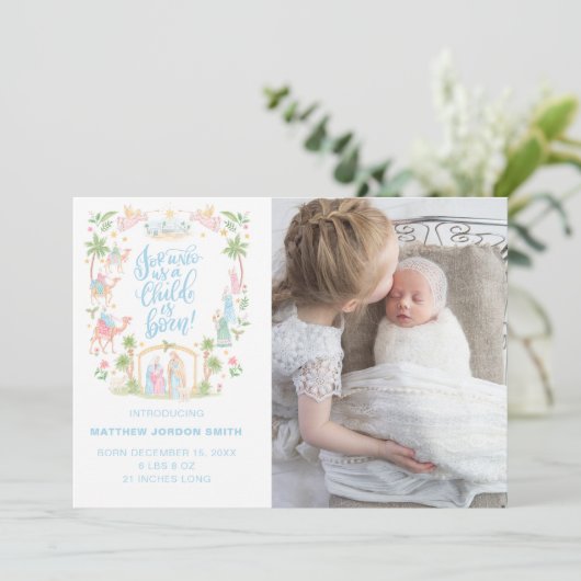 Pastel Nativity Baby Announcement Photo Card (Staand voorkant)