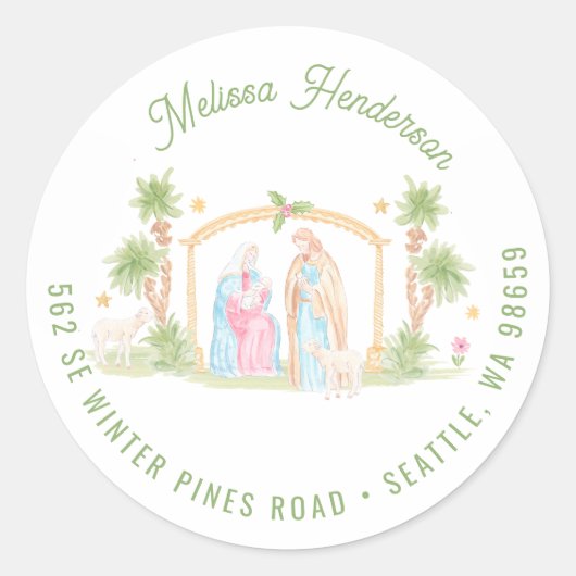 Pastel Nativity Christmas | Address Ronde Sticker (Voorkant)