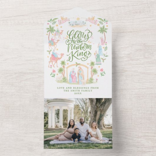 Pastel Nativity Christmas Photo Card All In One Uitnodiging (Binnen)