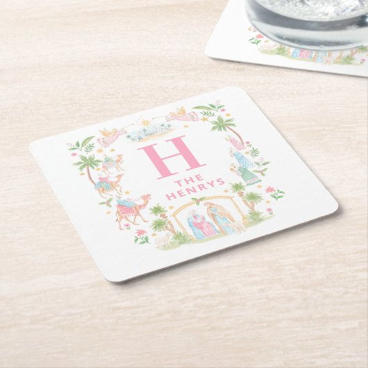 Pastel Nativity Monogram Kartonnen Onderzetters (Schuin)