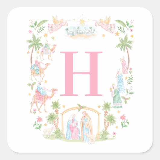 Pastel Nativity Monogram Vierkante Sticker (Voorkant)
