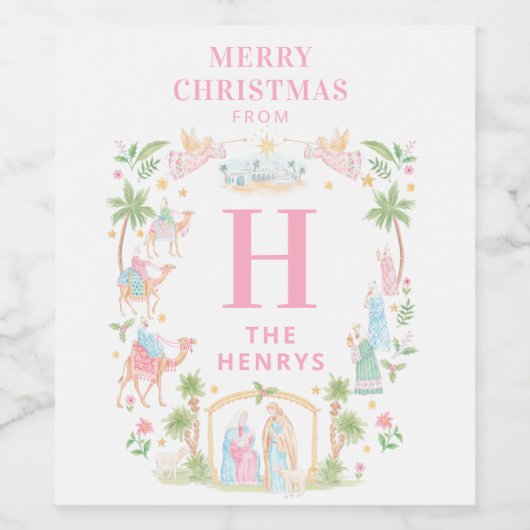 Pastel Nativity Monogram Wijn Etiket (Enkel label)