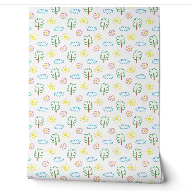 Pastel Natuur Boom Wolk Kinderkamer Behang (Afrollen)