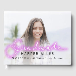 Pastel neon 80s script afstuderen foto gastenboek