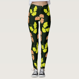 Pastel-Neon Ginko Leaves on Black Background Leggings