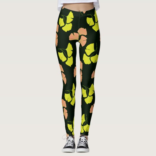 Pastel-Neon Ginko Leaves on Black Background Leggings (Voorkant)