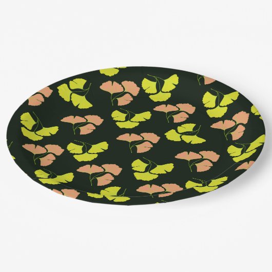 Pastel-Neon Ginkobladeren op Zwarte Achtergrond Papieren Bordje (Gekanteld)