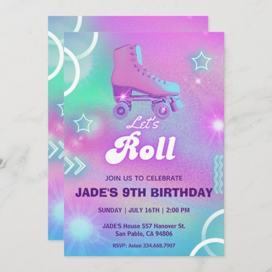 Pastel Neon Roller Schaatsen Verjaardagsfeest Kaart (Voorkant / Achterkant)