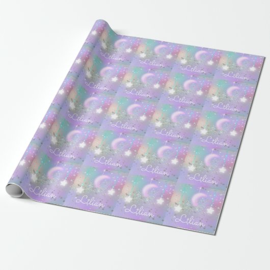 Pastel night sky ggloing moon sterren cadeaupapier (Uitgerold)