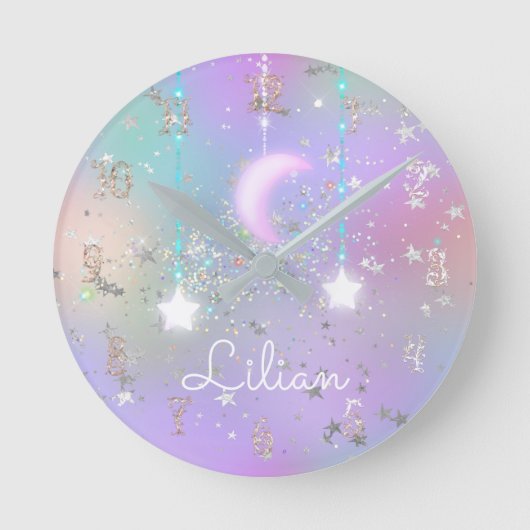 Pastel night sky glanzend maansterren glitter scha ronde klok (Voorkant)