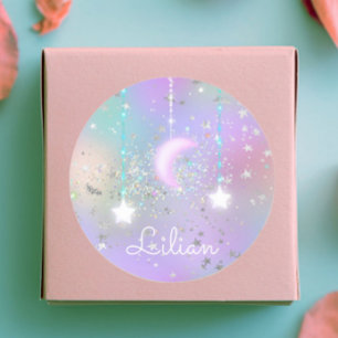 Pastel night sky glanzend maansterren glitter scha ronde sticker