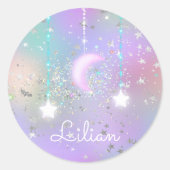 Pastel night sky glanzend maansterren glitter scha ronde sticker (Voorkant)