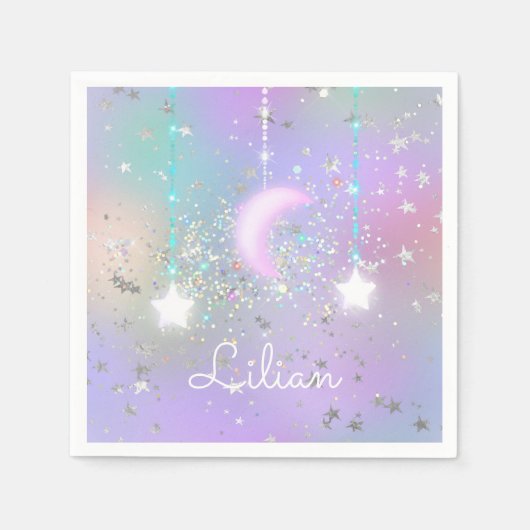 Pastel night sky glanzend maansterren glitter scha servet (Voorkant)