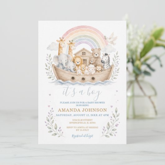 Pastel Noach's Ark babyshower uitnodiging (Staand voorkant)
