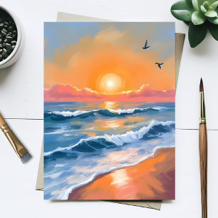 Pastel Ocea Zonsondergang Aquarel Strand Schilderi Briefkaart