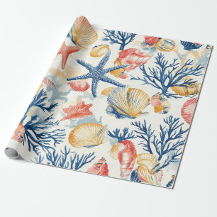 Pastel Oceaan Schelpen met Delicate Koraal Takken Cadeaupapier